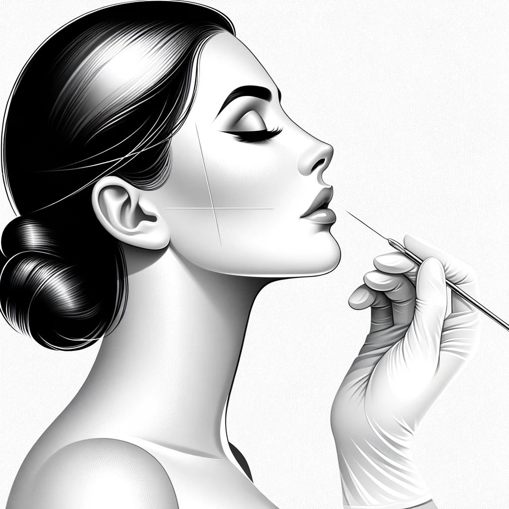 A black and white detailed illustration of a woman receiving a PDO thread lift from a side profile view