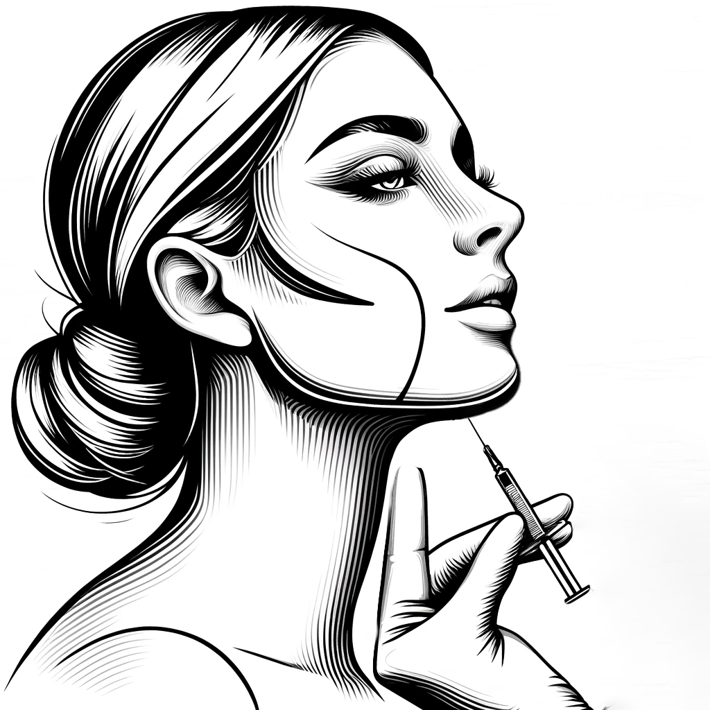 Illustration of a woman receiving a Belkyra injection under her chin to reduce submental fat, highlighting the non-surgical cosmetic procedure