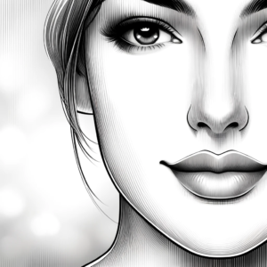 A black and white illustrative close-up of a woman's face after Juvederm with smooth, youthful skin, highlighting her plump and well-defined lips and cheek