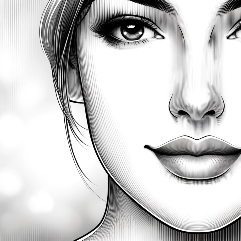 A black and white illustrative close-up of a woman's face after Juvederm with smooth, youthful skin, highlighting her plump and well-defined lips and cheek