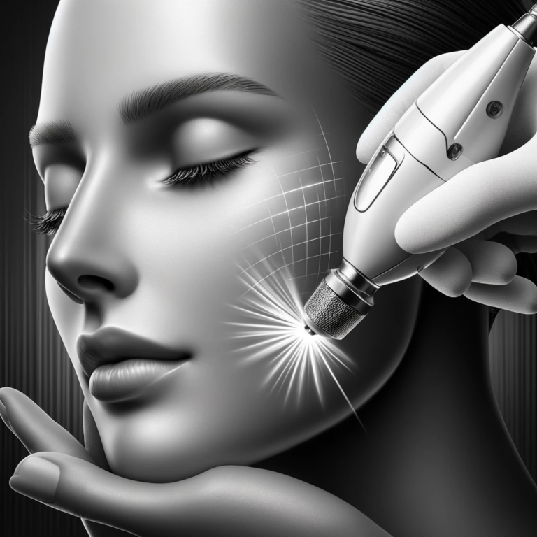 A close-up, black and white surreal illustration of a woman’s face receiving a Fraxel laser treatment. The woman has a calm and serene expression