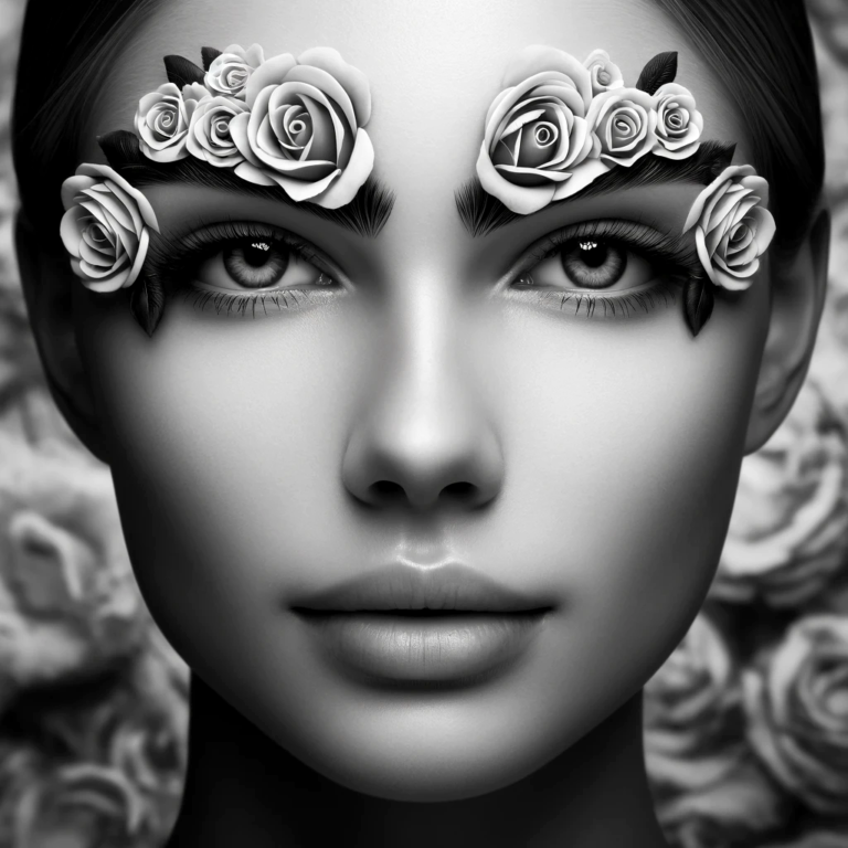 A surreal, black and white close-up portrait of a female with roses in the location of the Botox injection
