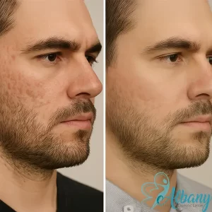 Before and after acne scar treatment results on a male patient at Albany Cosmetic and Laser Centre, showing smoother and clearer skin