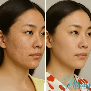 Visible improvement in acne scars on a female patient after treatment at Albany Cosmetic and Laser Centre, revealing a more even skin tone.