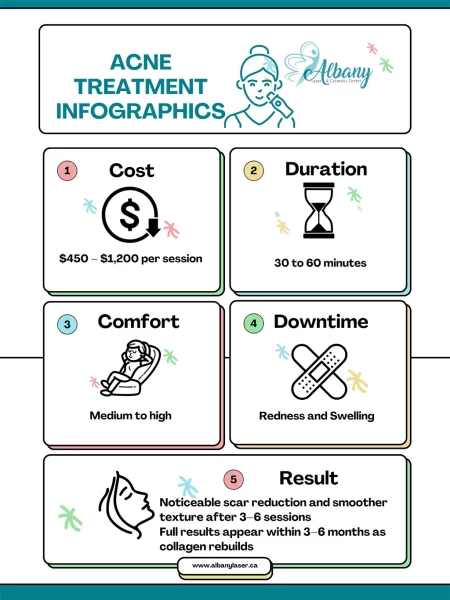 Acne Treatment Infographic summarizing treatment cost, duration, comfort level, downtime, and results at Albany Cosmetic and Laser Centre.