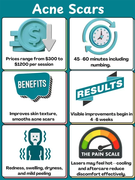 Infographic summarizing acne scar treatment details: prices range from $300 to $1,200 per session; sessions take 45–60 minutes including numbing; benefits include smoother skin texture and reduced acne scars; visible improvements start in four to six weeks; possible side effects include redness, swelling, dryness and mild peeling; lasers may feel hot but cooling and aftercare minimize discomfort.