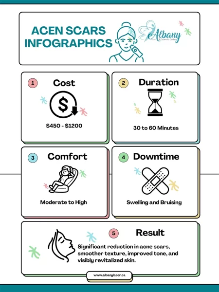Acne scars Treatment Infographic summarizing treatment cost, duration, comfort level, downtime, and results at Albany Cosmetic and Laser Centre.