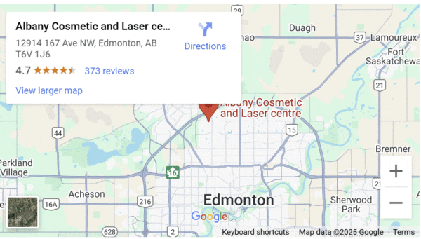 Map showing the location of Albany Cosmetic and Laser Centre in Edmonton at 12914 167 Ave NW, Edmonton, AB, with a rating of 4.7 stars based on 373 reviews.