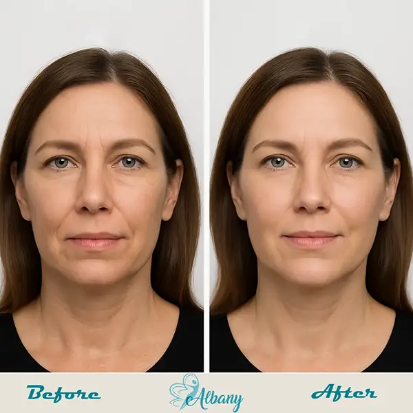 Visible improvement in facial wrinkles and volume loss after Bellafill treatment at Albany Cosmetic and Laser Centre, featuring a woman with rejuvenated, firmer skin