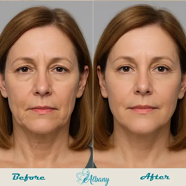 Before and after Bellafill treatment at Albany Cosmetic and Laser Centre showing reduced smile lines and smoother skin on a middle-aged woman
