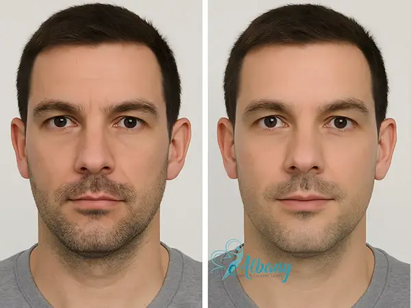 Male patient before and after dermal filler injections highlighting enhanced facial contours and smoother skin at Albany Cosmetic and Laser Centre.