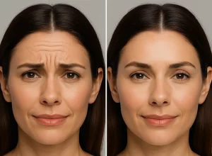 Before and after image showing results of Botox treatment. The left side displays noticeable forehead wrinkles and frown lines before treatment, while the right side shows smoother, wrinkle-free skin, indicating the effectiveness of Botox injections.