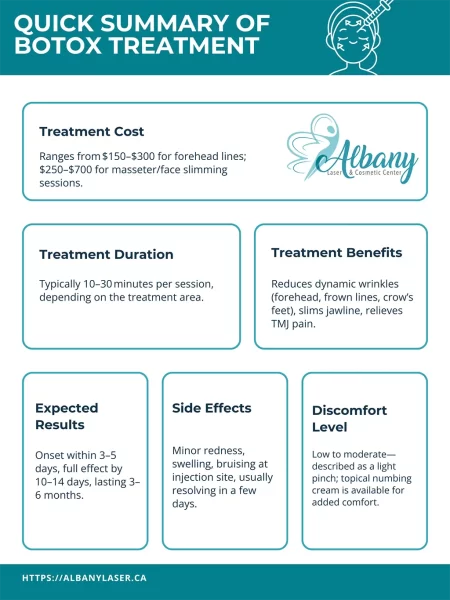 Infographic summarizing Botox treatment at Albany Laser & Cosmetic Center, covering treatment cost, duration, benefits, expected results, side effects, and discomfort level.