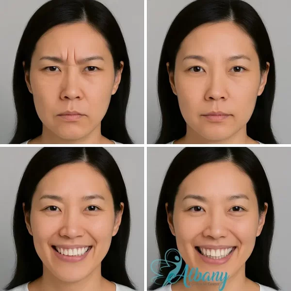 Before and after treatment with cosmetic injections, showcasing significant reduction in frown lines and improved skin texture, Albany Cosmetic & Laser Centre.
