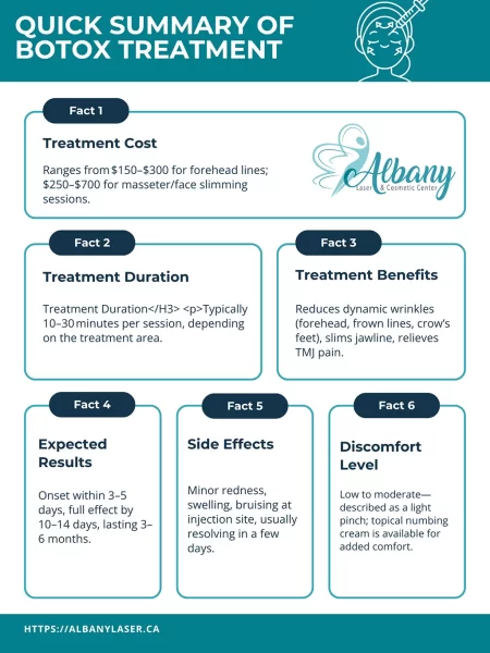 Infographic titled 'Quick Summary of Botox Treatment' covering treatment cost ($150–$700), duration (10–30 minutes), benefits (reduces wrinkles, slims jawline, relieves TMJ), results (visible within days, lasting months), side effects (minimal redness, bruising), and discomfort level (low to moderate), provided by Albany Cosmetic and Laser Centre, Edmonton.