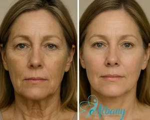 Before-and-after comparison images of female patients showing significant improvement in skin texture, reduction of wrinkles, and enhanced facial volume following cosmetic treatments at Albany Cosmetic & Laser Centre