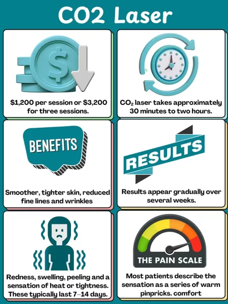 Infographic titled 'Quick Summary of CO₂ Laser Resurfacing' outlining treatment cost (approximately CAD 1,200), duration (60-90 minutes), benefits (skin rejuvenation, wrinkle reduction, scar improvement), expected results (smoother, tighter skin), side effects (temporary redness, swelling, peeling), and discomfort level (moderate to high), provided by Albany Cosmetic and Laser Centre, Edmonton.