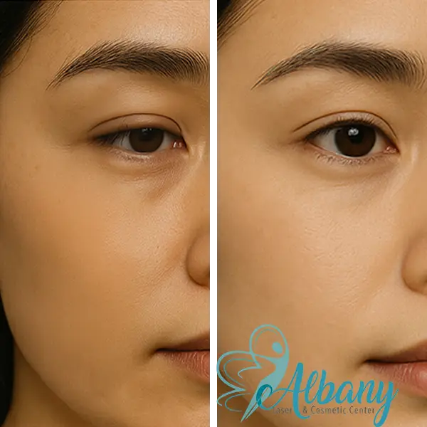 Before and after comparison showing tightened eyelid skin and lifted appearance following non-surgical laser eyelid lift at Albany Cosmetic and Laser Centre.