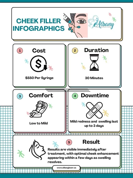 Infographic summarizing cheek filler treatment at Albany Cosmetic & Laser Centre, covering cost ($550 per syringe), procedure duration (30 minutes), comfort level (low to mild), downtime (mild redness and swelling lasting up to 3 days), and immediate results with optimal enhancement visible after a few days as swelling resolves.