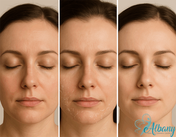 Triptych image showing a woman's face before, during, and after a chemical peel treatment. The first panel shows smooth but dull skin with minor imperfections, the second panel displays visible peeling and flaking, and the third panel reveals a clear, radiant complexion with even tone and refined texture. The woman’s eyes are closed in all three images, and the background is neutral beige.