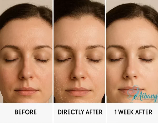 Triptych showing the progression of a chemical peel on a woman's face: the first image labeled 'BEFORE' shows mild uneven skin tone and fine lines; the second image labeled 'DIRECTLY AFTER' shows intense redness and irritation; the third image labeled '1 WEEK AFTER' displays smoother, clearer, and more even-toned skin with visible improvement.