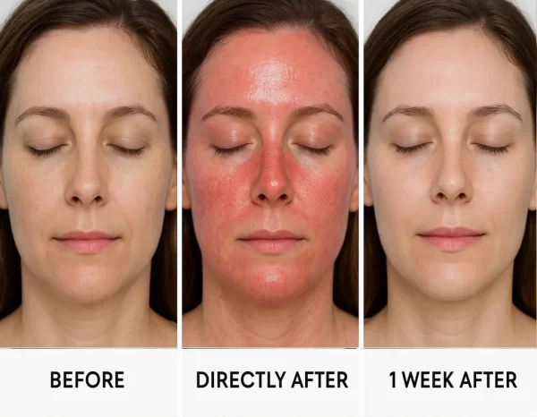Triptych showing the progression of a TCA chemical peel on a woman's face: the first image labeled 'BEFORE' shows mild uneven skin tone and fine lines; the second image labeled 'DIRECTLY AFTER' shows intense redness and irritation; the third image labeled '1 WEEK AFTER' displays smoother, clearer, and more even-toned skin with visible improvement.