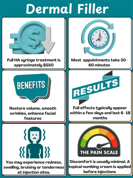 Infographic summarising dermal filler treatments: a full hyaluronic acid syringe costs about $550; appointments take 30–60 minutes; benefits include restoring volume, smoothing wrinkles and enhancing facial features; results appear within days and can last 6–18 months; possible side effects are temporary redness, swelling, bruising and tenderness at injection sites; discomfort is minimal since a topical numbing cream is applied