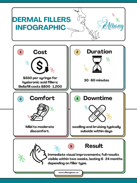 Infographic on Dermal Fillers by Albany Cosmetic & Laser Centre highlighting Cost (0–00), Duration (30–60 mins), Comfort (mild-moderate), Downtime (minor swelling/bruising), and Results (immediate; lasting 6–24 months).
