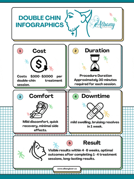 Infographic summarizing double chin treatment at Albany Laser & Cosmetic Center, covering cost, procedure duration, comfort level, downtime, and expected results.
