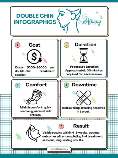 Infographic summarizing double chin treatment at Albany Laser & Cosmetic Center, covering cost, procedure duration, comfort level, downtime, and expected results.
