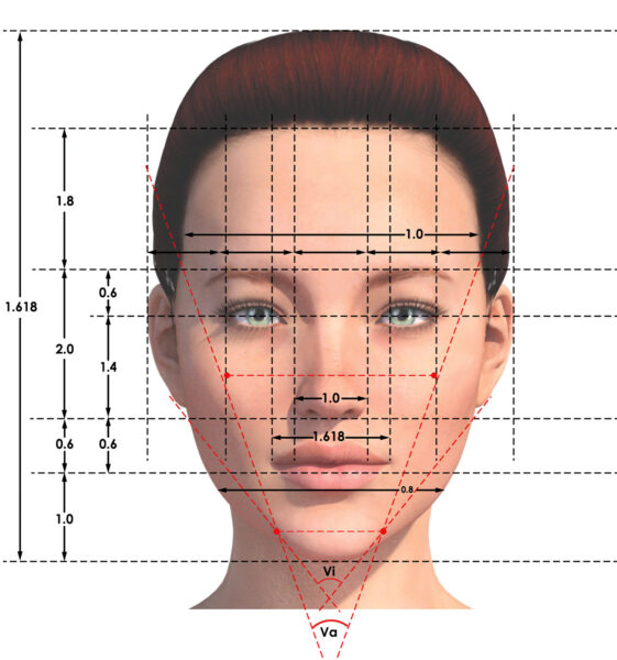 Digital illustration of a human face with the Golden Ratio overlay.