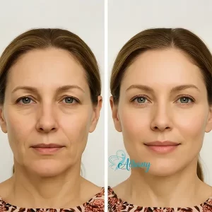 Before and after results of dermal filler treatment on a middle-aged woman showing reduced wrinkles and fuller cheeks at Albany Cosmetic and Laser Centre