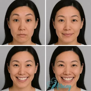 A picture of an Asian female that shows the results of forehead and crow's feet improvement after Botox in Edmonton