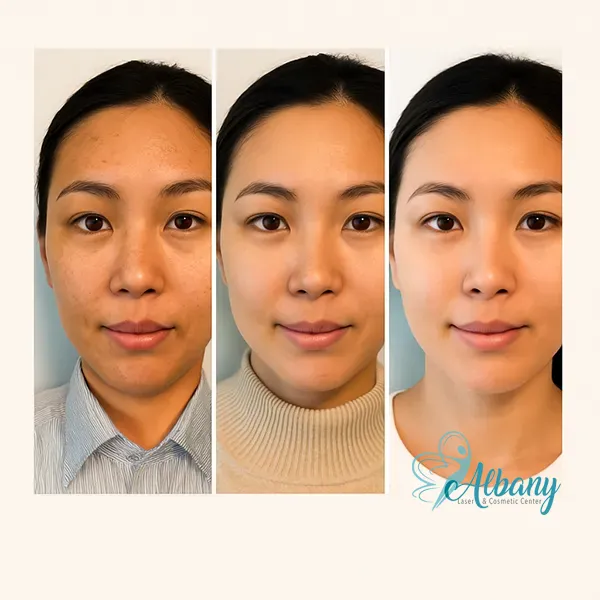 Triptych image showing the skin transformation of an Indian woman after Fraxel laser treatment at Albany Cosmetic and Laser Centre.
