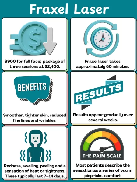 Fraxel treatment infographic summarizing costs per session (eyes $300, cheeks $400, face $900), session duration, comfort level, downtime and expected results.