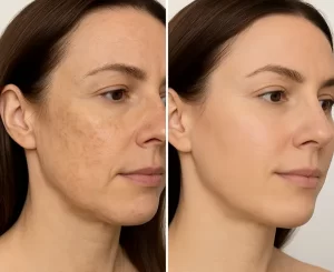 Before and after Fraxel Laser treatment in Edmonton at Albany Cosmetic and Laser Centre, showing improved skin texture and reduced wrinkles.