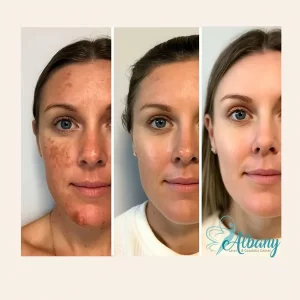 Fraxel laser transformation series on an Indian patient: before, during and after images show reduction in hyperpigmentation and improved skin clarity.