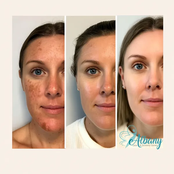 Triptych image showing the skin transformation of an Indian woman after Fraxel laser treatment at Albany Cosmetic and Laser Centre.