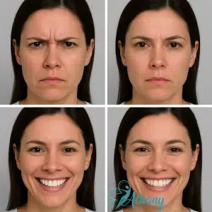 The before and after picture of a female that shows significantly fewer frown lines and crow's feet