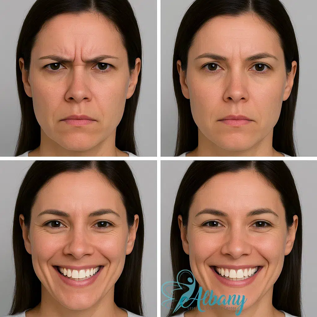 The before and after picture of a female that shows significantly fewer frown lines and crow's feet