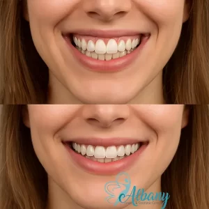 Side-by-side images showing a Caucasian woman’s smile before and after Botox gummy smile treatment at Albany Cosmetic and Laser Centre. In the 'before' photo, her upper gums are prominently visible; the 'after' photo shows a relaxed upper lip with minimal gum display.