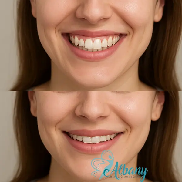 Before-and-after Botox gummy smile treatment results on a young woman at Albany Cosmetic and Laser Centre. The top image shows excess gum exposure when smiling; the bottom image reveals a more aesthetically pleasing smile with less visible gum tissue.