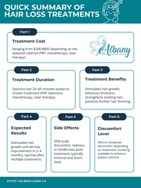 Infographic titled 'Quick Summary of Hair Loss Treatments' highlighting treatment cost ($200-$800), duration (20-60 minutes), benefits (stimulates growth, thickens hair), expected results (visible improvement in 2-4 months), side effects (minimal scalp discomfort), and discomfort level (mild to moderate), provided by Albany Cosmetic and Laser Centre, Edmonton.