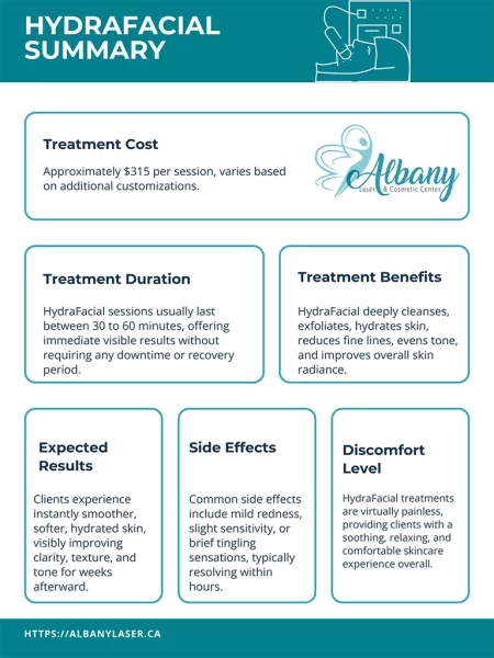 Albany Cosmetic & Laser Centre HydraFacial infographic highlighting cost, duration (45-60 minutes), comfort (minimal discomfort), no downtime, and instant results with lasting hydration and tailored sessions.