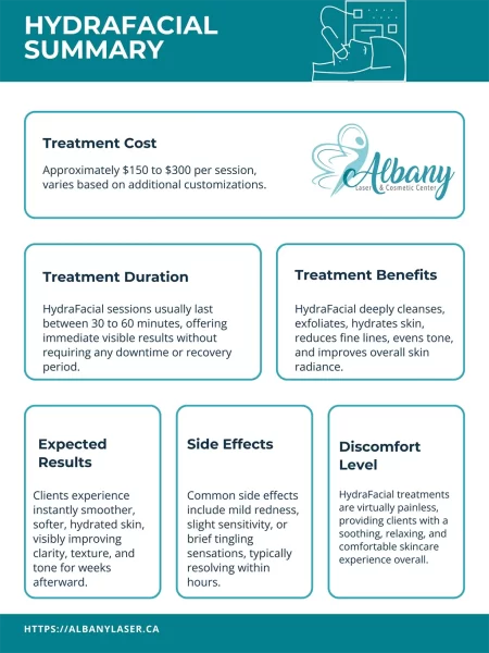 Albany Cosmetic & Laser Centre HydraFacial infographic highlighting cost, duration (45-60 minutes), comfort (minimal discomfort), no downtime, and instant results with lasting hydration and tailored sessions.