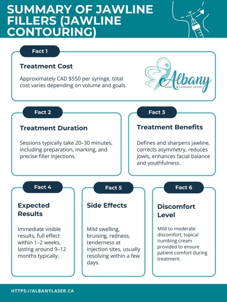 Infographic titled 'Summary of Jawline Fillers (Jawline Contouring)' covering treatment cost (approx. CAD $550/syringe), duration (20–30 minutes), benefits (sharper jawline, facial symmetry), expected results (visible immediately, lasting 9–12 months), side effects (minor swelling, bruising), and discomfort level (mild to moderate), offered by Albany Cosmetic and Laser Centre, Edmonton.