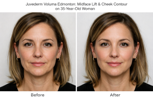 Before and after Juvederm Voluma midface lift and cheek contour on a 35-year-old woman in Edmonton