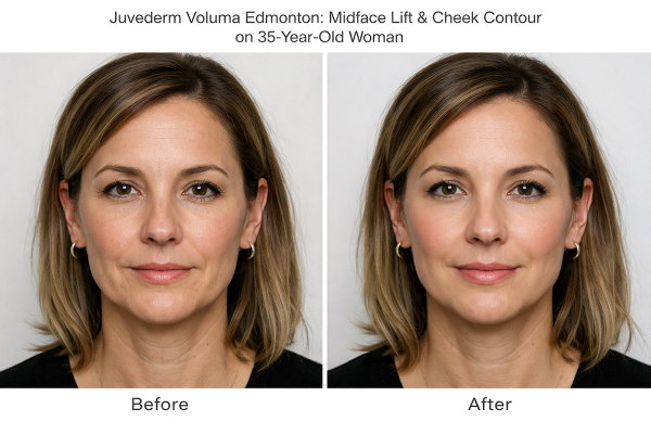 Before and after Juvederm Voluma midface lift and cheek contour on a 35-year-old woman in Edmonton