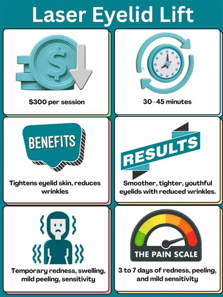 Infographic highlighting Laser Eyelid Lift: Cost $300/session, 30–45 min duration, tightens skin, reduces wrinkles, with temporary redness, swelling, mild peeling, and sensitivity, at a moderate pain level.