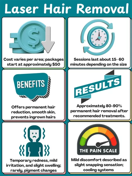 Laser Hair Removal Infographic by Albany Cosmetic and Laser Centre showing cost ($50-$325 per area, package savings), duration (10-95 minutes), comfort (mild to moderate), downtime (mild redness for a few hours), and results (reduced and thinner hair growth after multiple sessions)